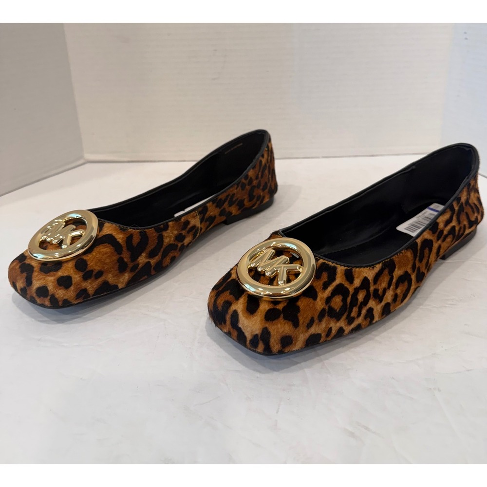 Michael Kors Brown Leopard Calf Hair MK Logo Square Toe Flat Shoes 9.5M